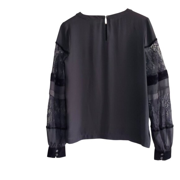 Loft Black Dressy Blouse with mixed Media Sheer/Lace/Velvet Sleeves Size XS - Picture 2 of 8